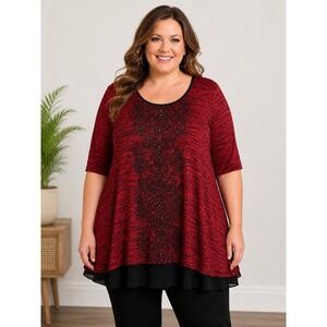 Catherines Women's 2X Lagenlook Red Black Studded Scroll Top Flowy Plus Size Top